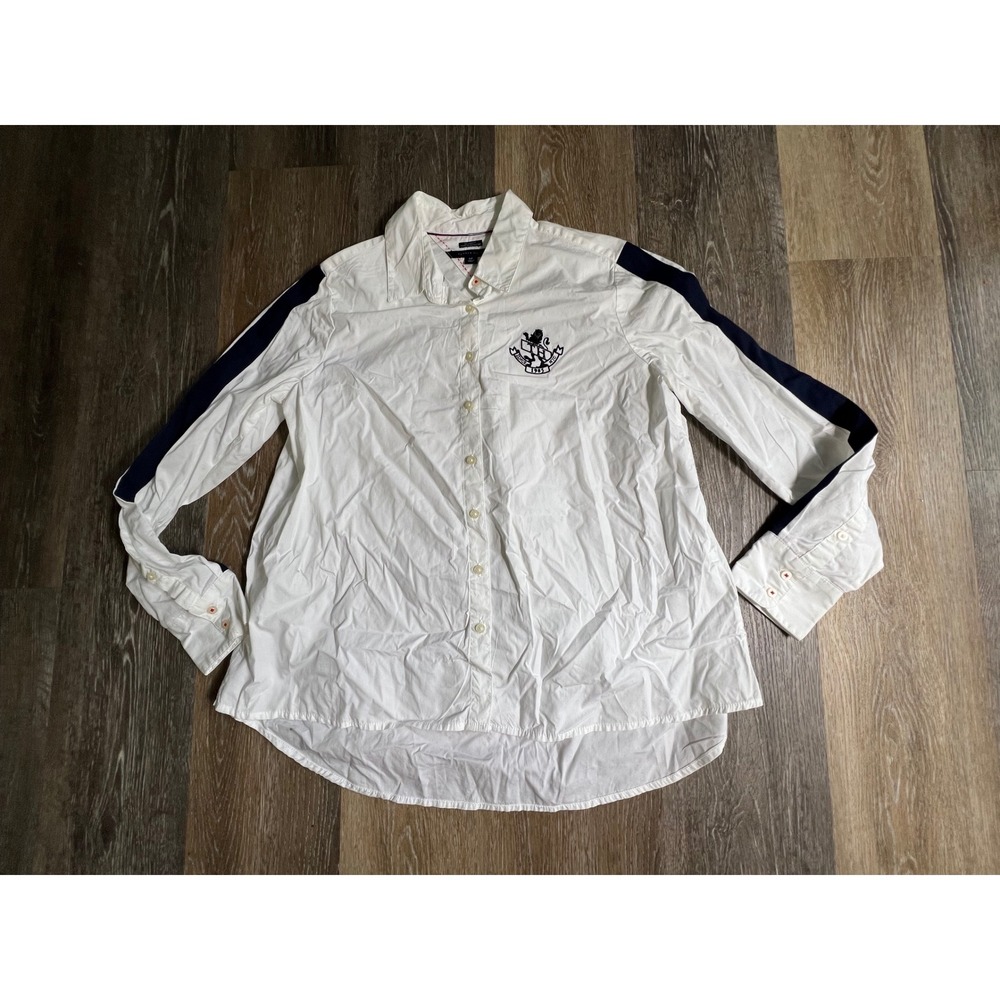 Tommy Hilfiger Button Down Womens Small White‎ Navy Stripe Crest Relaxed Shirt